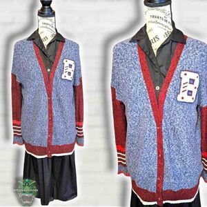 Y2K Retro Preppy Twee Letterman Jacket Style Long cardigan Sweater, Oversized Sm